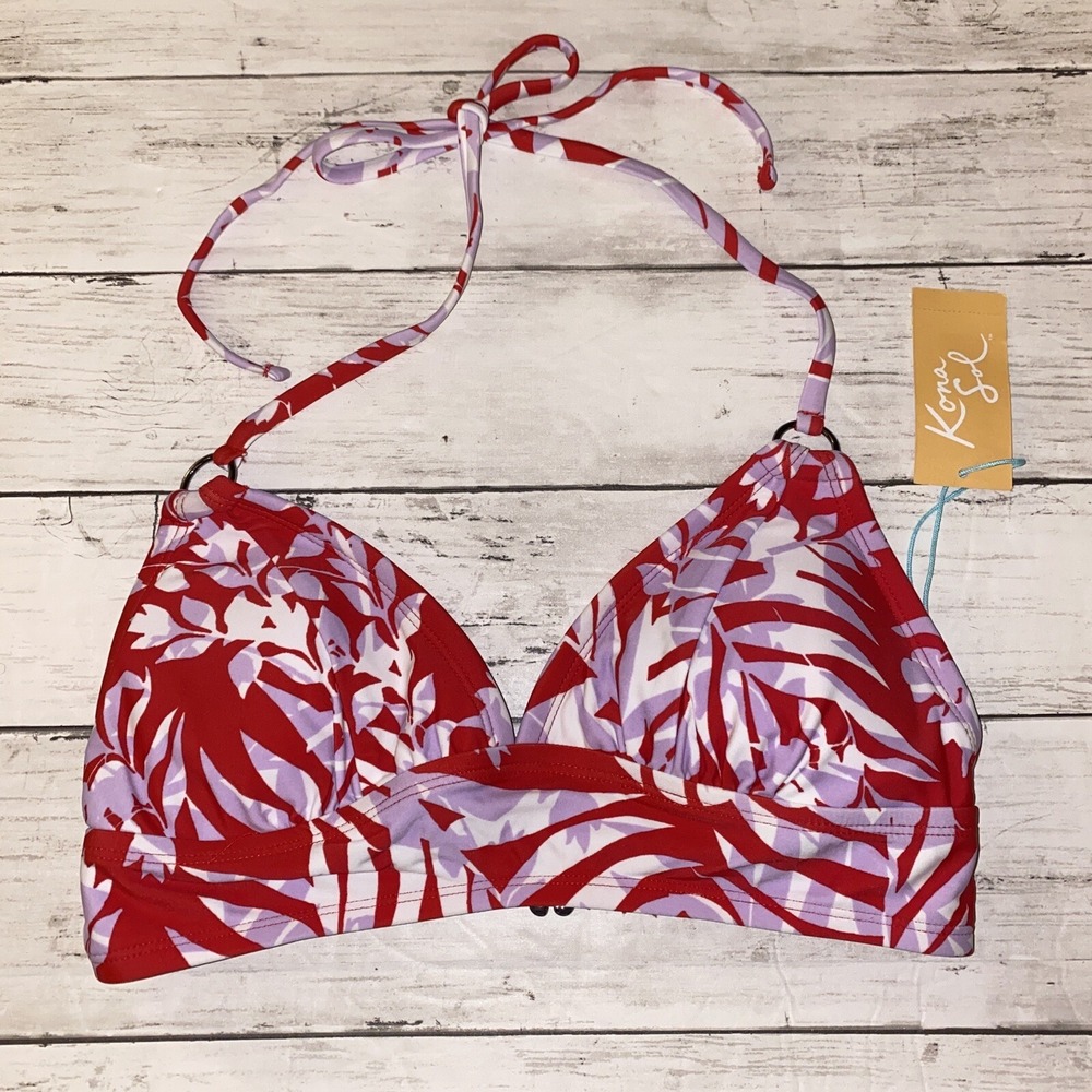 Kona Sol Bikini Top Womens Small Red Purple Tropical Swim Lightly Lined‎ NEW S